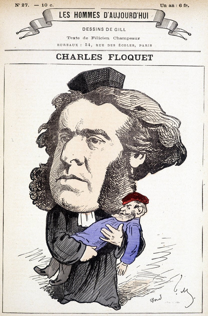 Charles Floquet (1828-1896) rajzfilmje, jogász és a Tanács elnöke 1888 és 1889 között. Egy párbajban megsebesítette Boulanger tábornokot, akinek az ötleteit meg is vívta. Gill rajza „A mai férfiak” c. alkotó: Andre Gill