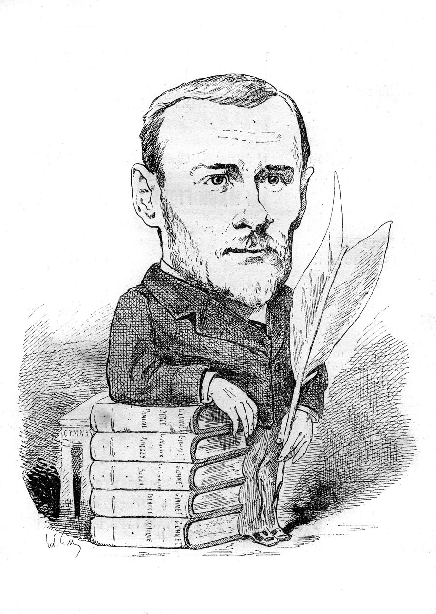 Georges Ohnet (1848-1918), francia író rajzfilmje, aki könyveivel és tollával képviselteti magát. Andre Gill rajza. Metszet a „” Le Monde Illustré”-ben alkotó: Andre Gill