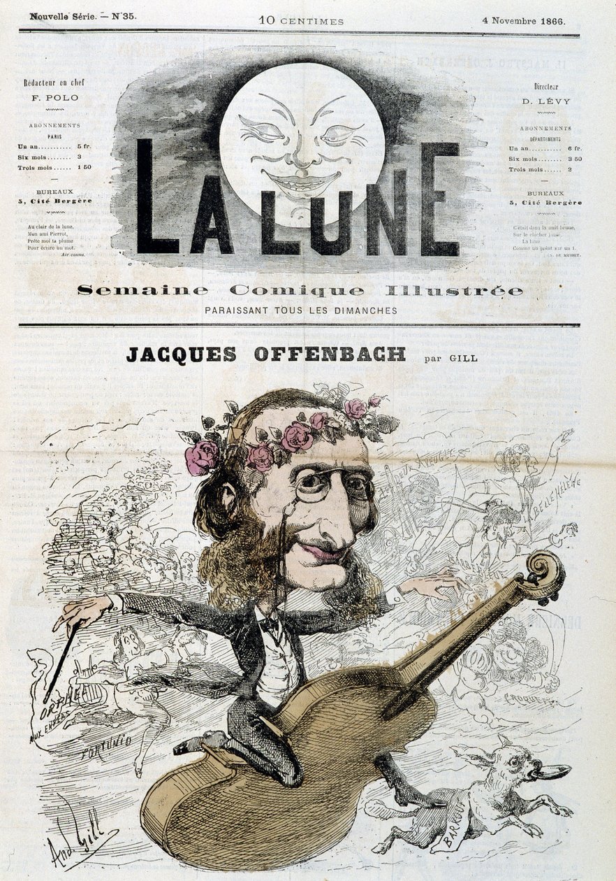 Jacques Offenbach (1819 - 1880) rajzfilmje hegedűn ül - Gilltől a „” La Lune” című filmben, 1866.11.04. alkotó: Andre Gill