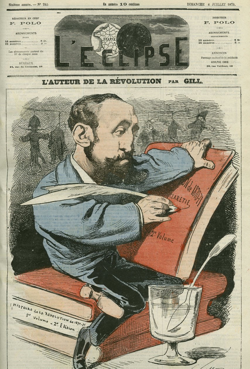 Jules Claretie (1840-1913) francia regényíró, drámaíró és kritikus rajzfilmje. Borító a Gill „” L