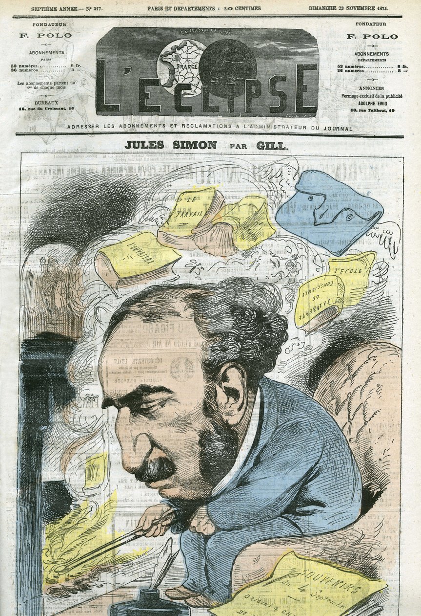 Jules Simon (1814-1896) politikus, filozófiatörténész, filozófus, francia esszéista rajzfilmje. Borító a Gill „” L