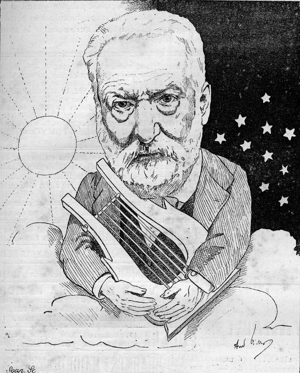 Victor Hugo (1802-1885) francia író rajzfilmje lírával ábrázolja az égbolton, nappal és éjszaka között. Andre Gill rajza. Metszet a „” Le Monde Illustré”-ben alkotó: Andre Gill