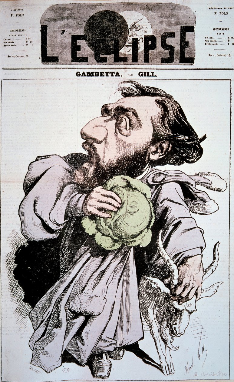Leon Gambetta (1838-1882) francia politikust ábrázoló rajzfilm. Andre Gill (1840-1885) rajza a „L