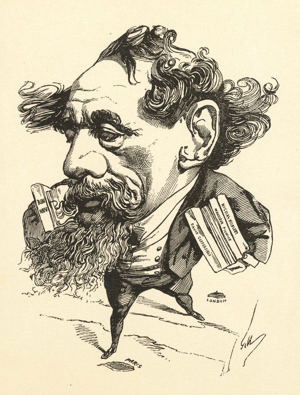 Karikatúra Charles Dickensről, aki átkel az angol csatornán, 1868 alkotó: Andre Gill