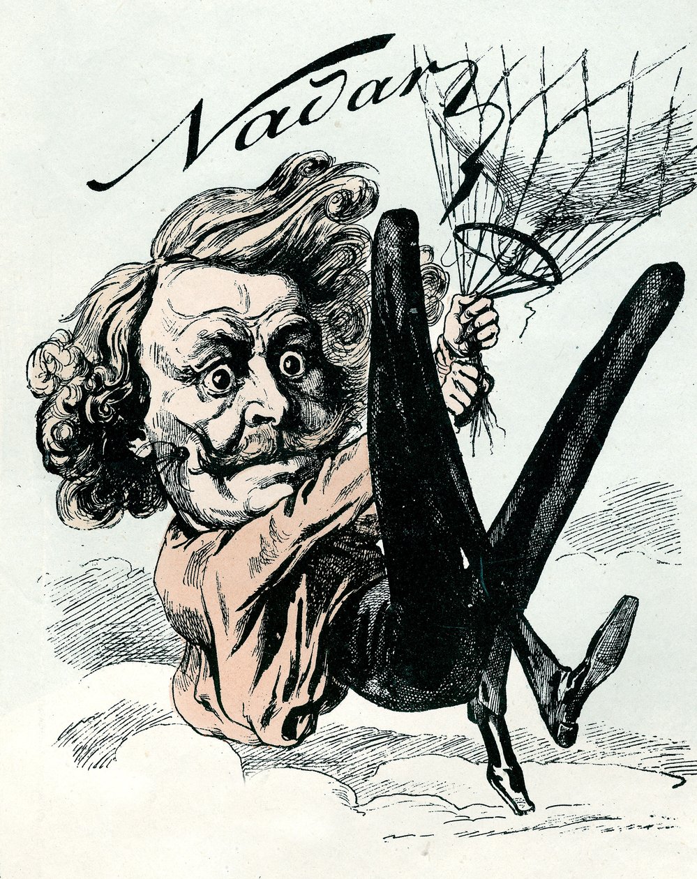 Rajzfilm Felix Nadarról, a légifelvételek úttörőjéről 1858-ban, itt lóg a léggömbjén (metszet) alkotó: Andre Gill