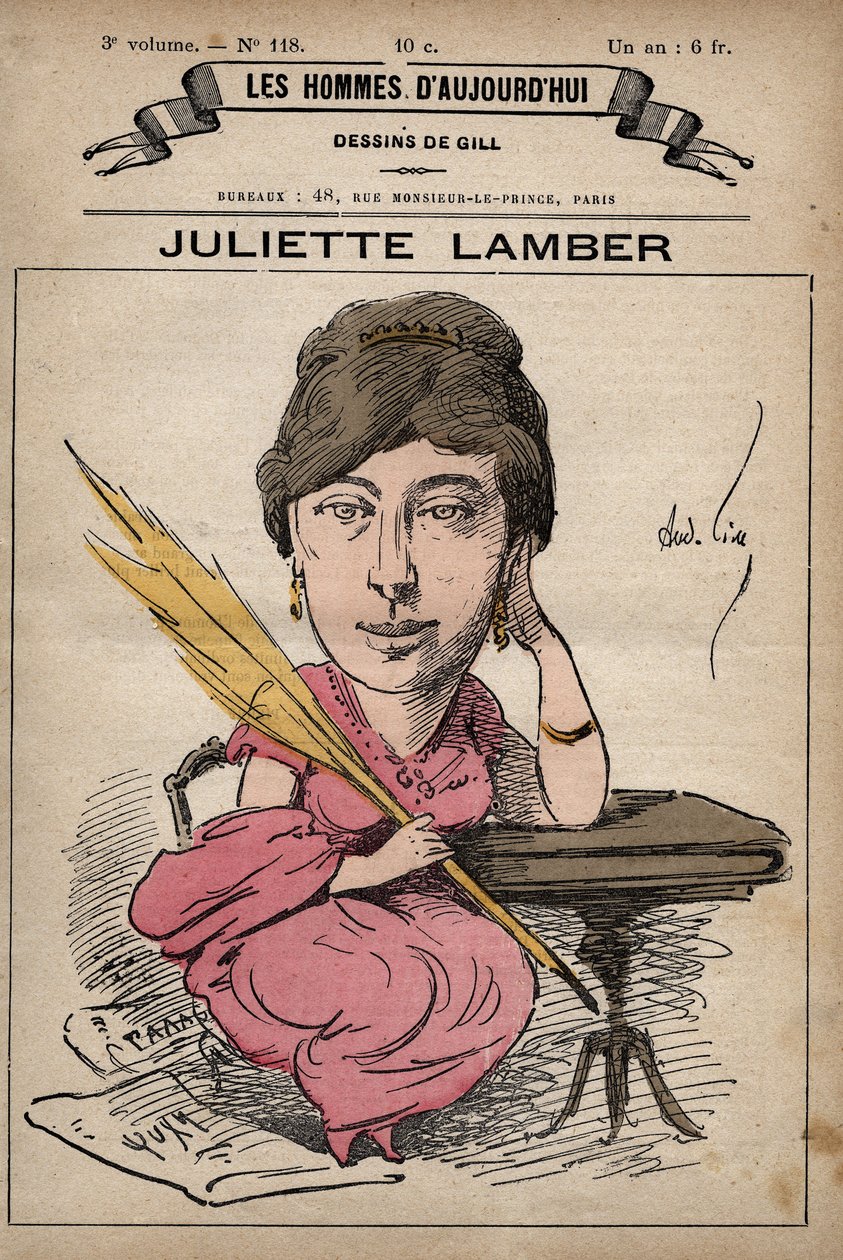 Juliette Adam Lambert 1836-1936 francia írónő és feminista rajzfilmje - a Les Hommes d