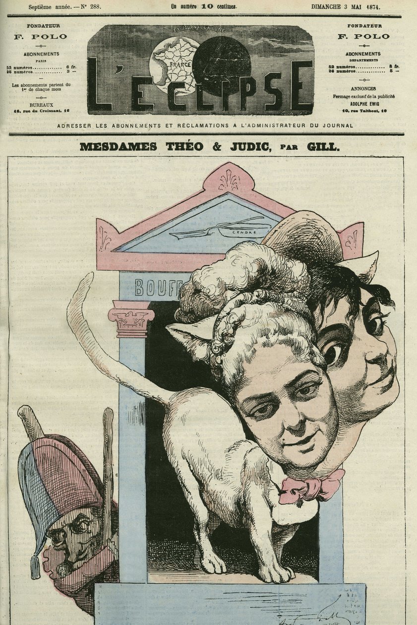 Rajzfilm Louise Theo és Anna Judic hölgyekről, Jacques Offenbach (1819-1880) zeneszerző drámájának énekeseiről. Borító a Gill „” L