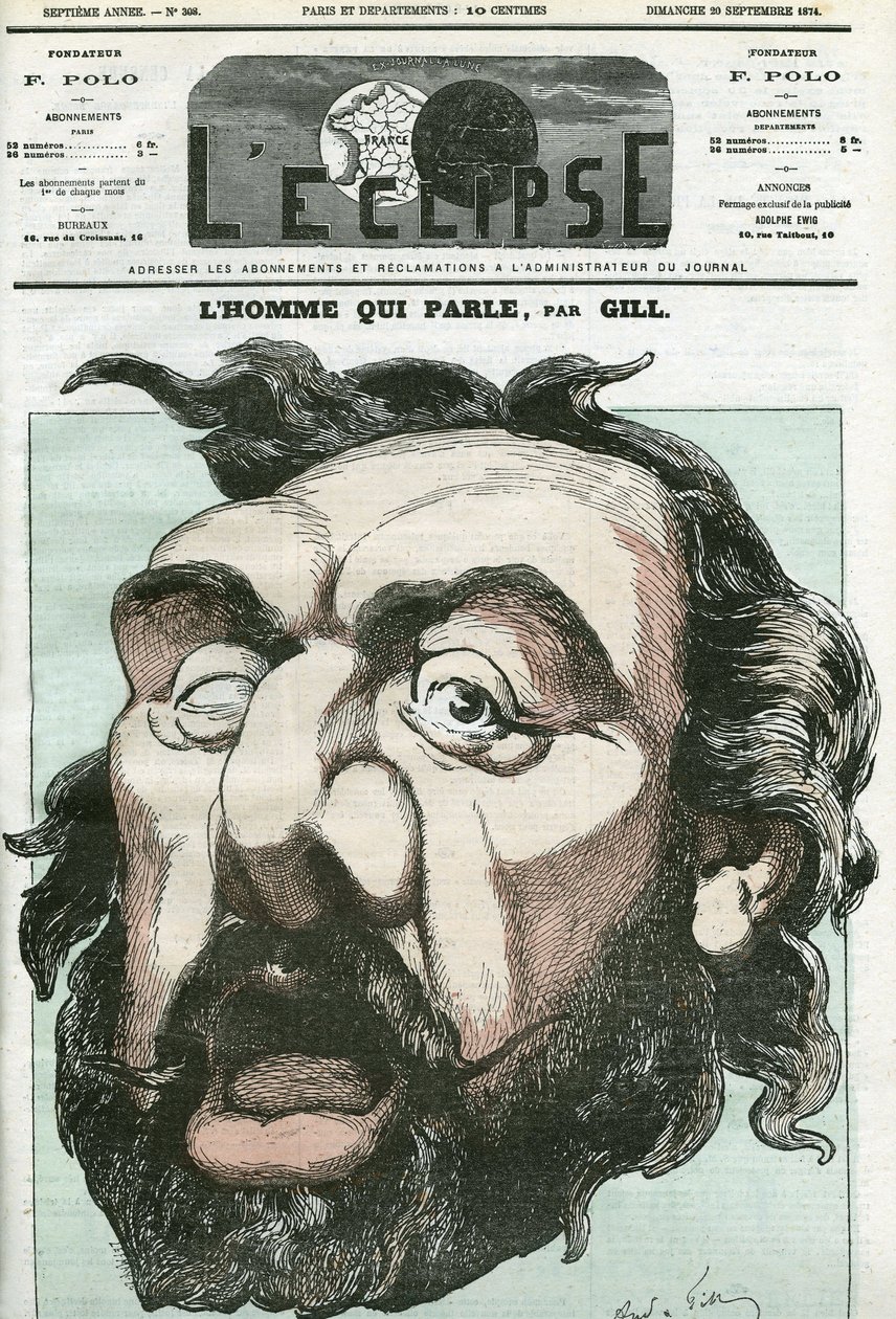 Rajzfilm „az emberről, aki beszél”, Leon Gambetta (1838-1882), francia politikus. Borító a „” L