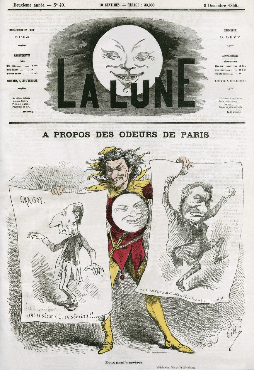 Rajzfilm Louis Veuillot (1813-1883) francia író „Les Odeurs de Paris” című könyvéről. Gill rajzfilmje a „The Moon” című filmben, december 9 alkotó: Andre Gill