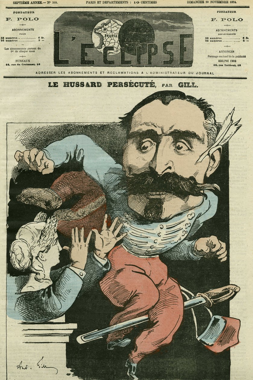 „” a huszár üldözi rajzfilm (Marianne orrát csinálja), Monsieur de Saint-Genest (Szent Genest). Borító: Gill „The Eclipse”, november 29 alkotó: Andre Gill