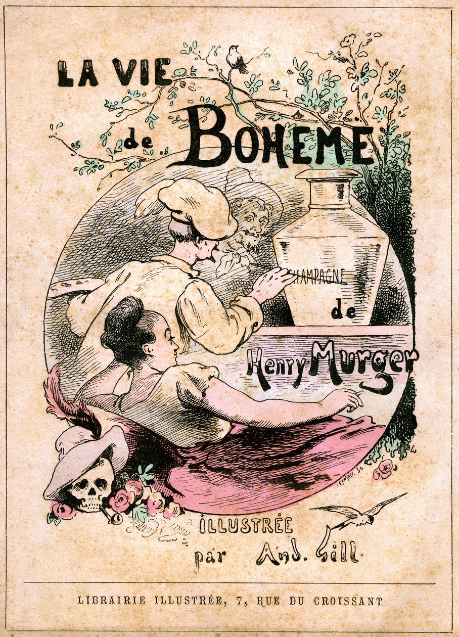 Henry Murger „The Life of Boheme”” című könyvének borítója: festő, aki a „pezsgő” szót festette egy vázára, egy fiatal nő előtt alkotó: Andre Gill