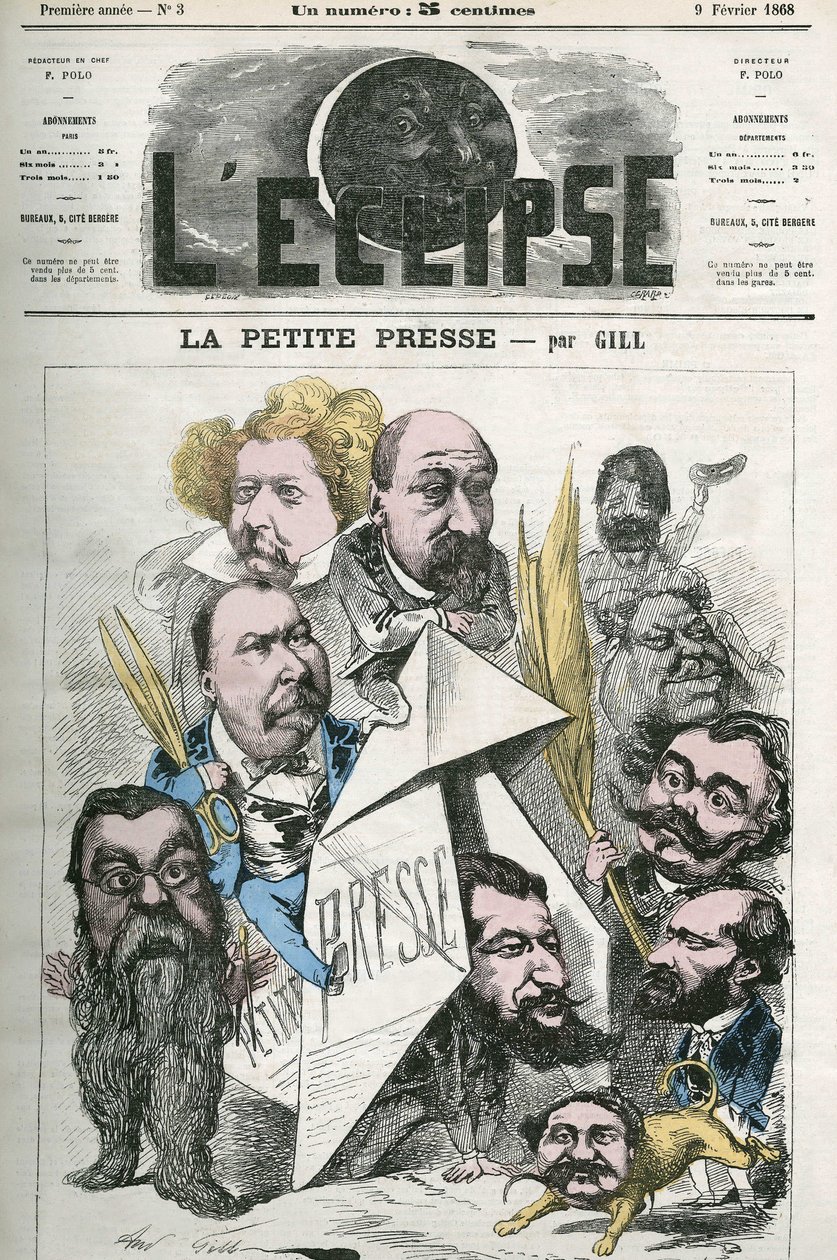 A „La Petite Presse” megalkotása Jannin, Delsaux, Hermant, Hemery, De Balathier, Bragelonne, Dumas, Ponson du Terrail, Jean du Boys, Revillon és Coste közreműködésével. Borító: Gill „The Eclipse”, február 9 alkotó: Andre Gill