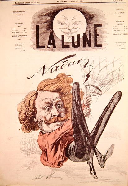 A „La Lune” magazin első borítóján Nadar (1820-1910) látható, 1867. június 2. (színes litó) alkotó: Andre Gill
