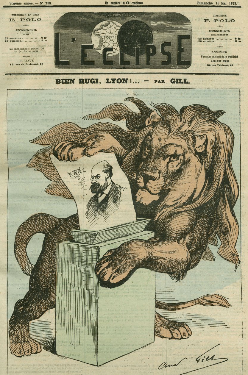 Jó rugi, Lyon! , rajzfilm Arthur Ranc (1831-1908), Rhone képviselőjének megválasztására. Borító a Gill „” L