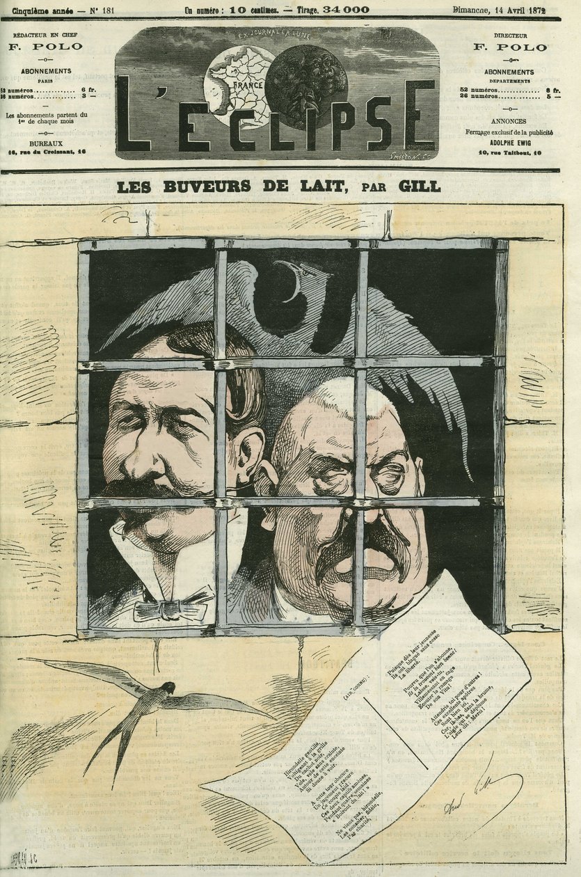 Hippolyte de Villemessant (1810-1879), a Le Figaro alapítója és Francis Magnard (1837-1894), újságíró és a Villemessant vezető munkatársa. Az újságot a Commune alatt töröljük, és a Thiers alatt újból közzétesszük. Borító a „” L
