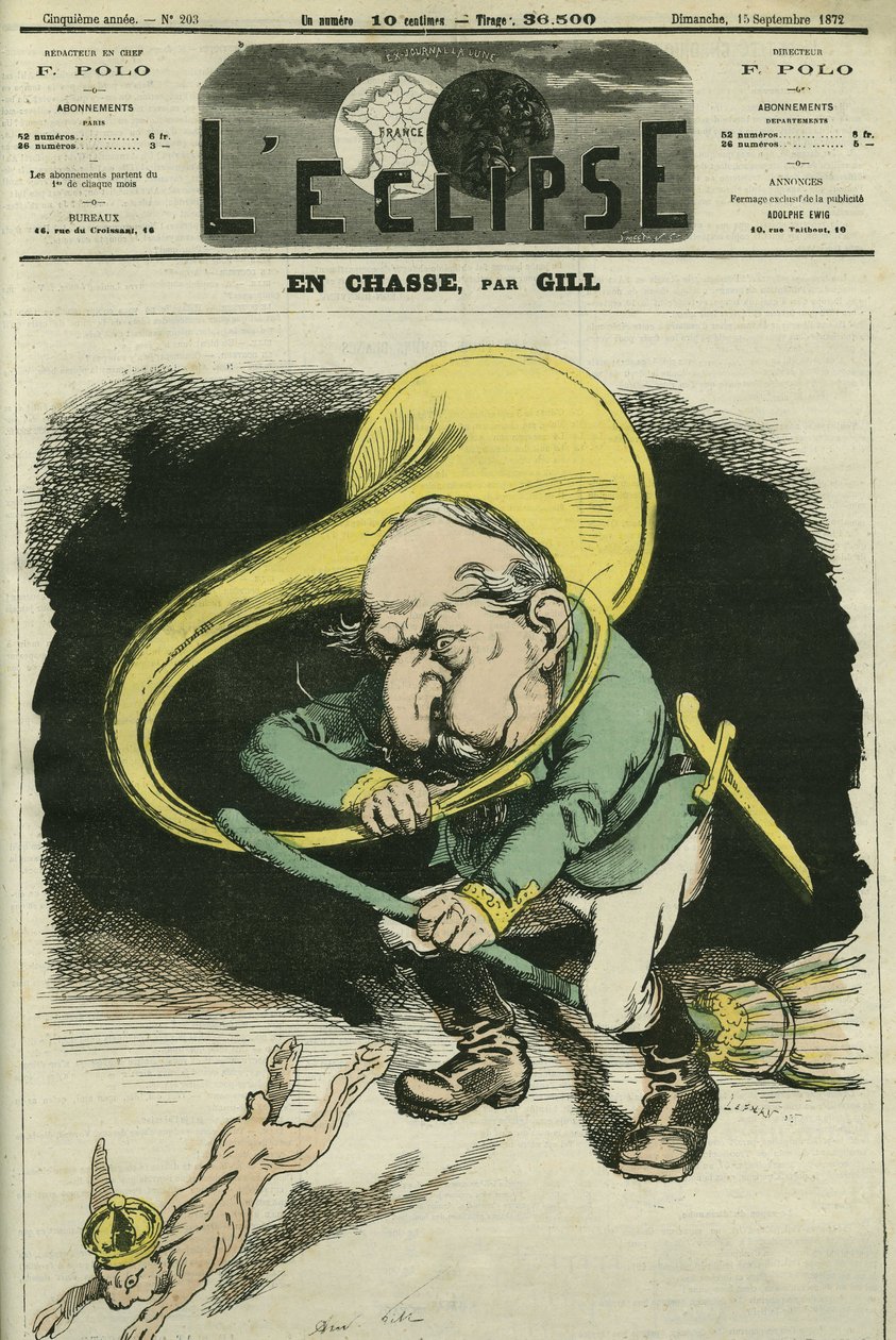 A vadászatban Louis-Napoleon Bonaparte (1808-1873), köztársasági elnök 1848-ban, Franciaország császára 1852-től 1871-ig. Címlap: Gill „” L
