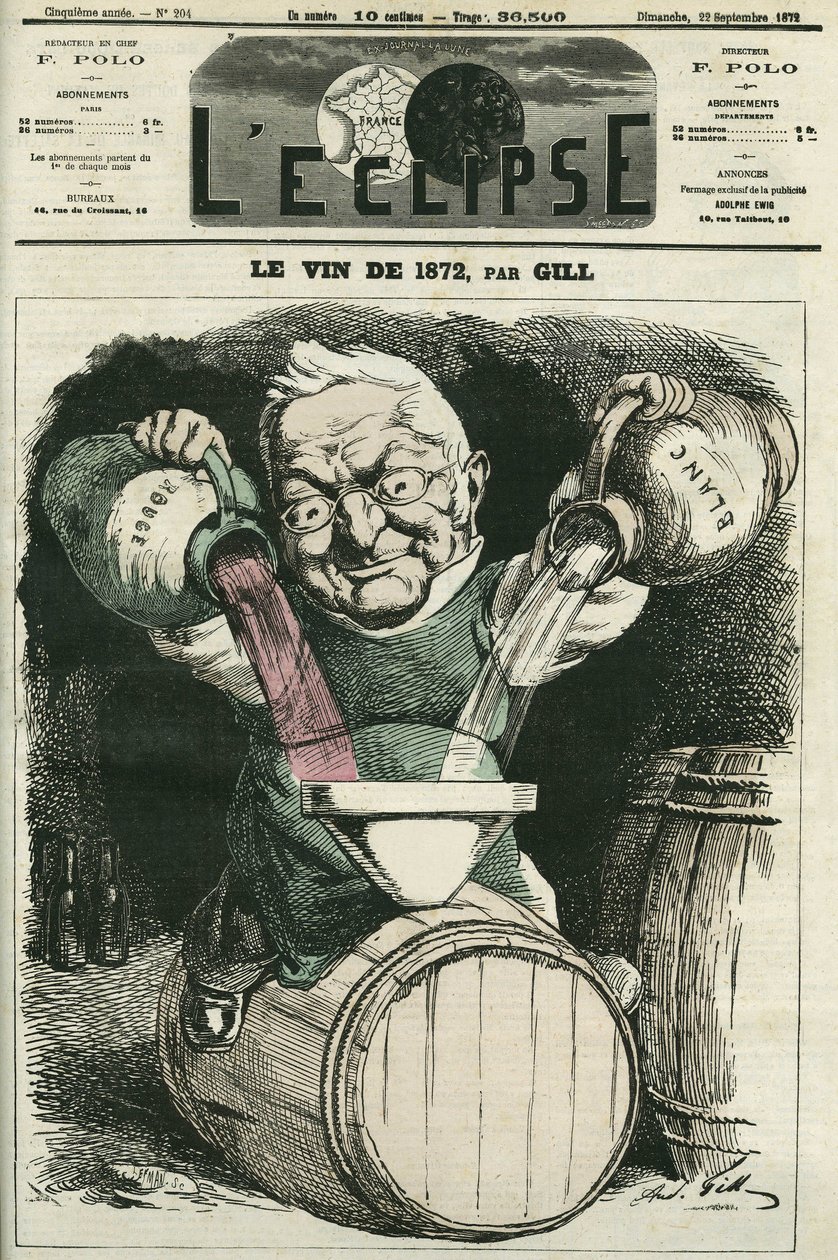 Le vin de 1872, illusztráció: Adolphe Thiers fehér és vörösbor keverésével (1797-1877), francia történész és államférfi. Borító a „” L