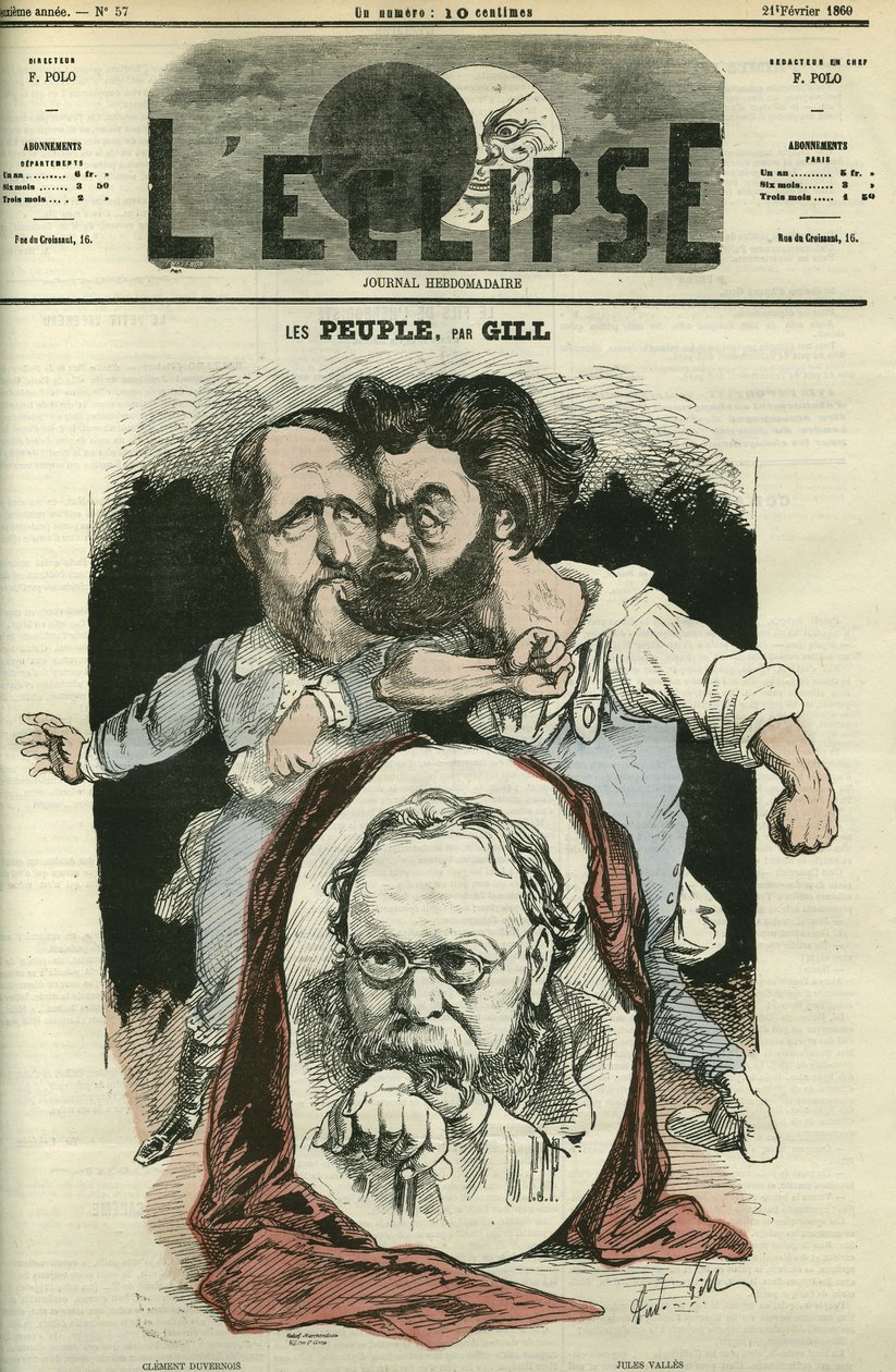 Les Peuples, Clement Duvernois (1836-1879), Pierre-Joseph Proudhon (1809-1865) és Jules Valles (1832-1885) írókkal és politikusokkal. Borító a Gill „” L