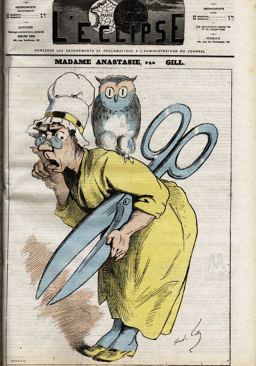 Madame Anastasia a cenzúra ollójával Anasztázia a sajtó és a kiadók cenzúráját szimbolizálja, és valószínűleg I. Anasztáz pápáról kapta a nevét, aki megtilt bizonyos könyveket, amelyek nem felelnek meg a keresztény kozmológiának. Illusztráció: Andre alkotó: Andre Gill