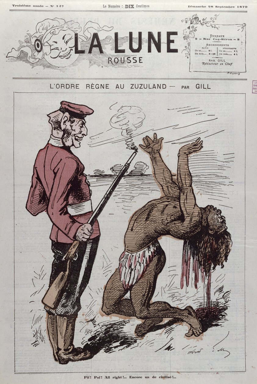 "Order Reigns in Zuzuland", karikatúra Dél-Afrika angol gyarmatosításáról a "La Lune Rousse"-ból, 1879 alkotó: Andre Gill