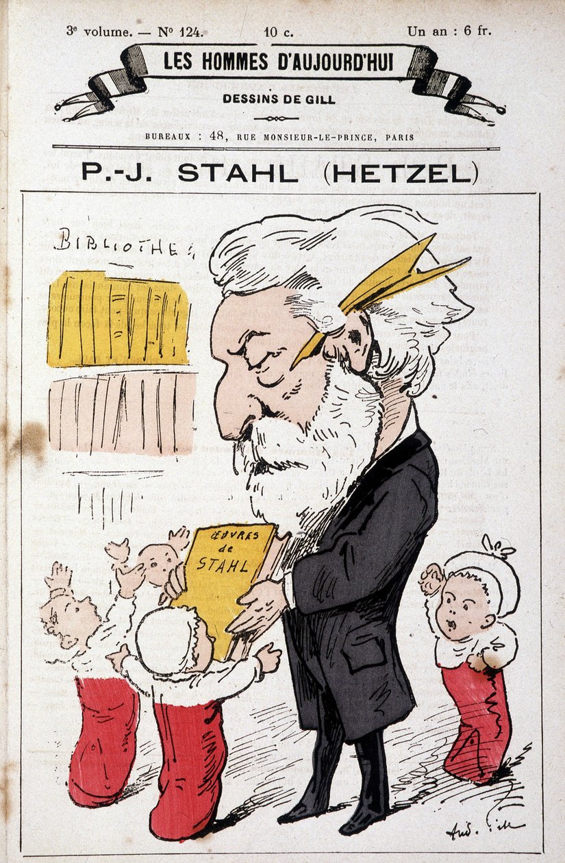 Pierre Jules Hetzel portréja, aki Stahl műveit (álneve) kínálja kisgyermekek számára, „A mai férfiak”, n.d. késő 19. alkotó: Andre Gill