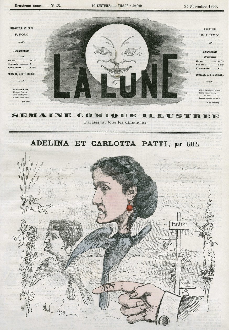 Adelina (1843-1919) és Carlotta Patti (1835-1889) olasz operaénekesnő portréja. Gill rajzfilmje a „The Moon” című filmben, november 25 alkotó: Andre Gill