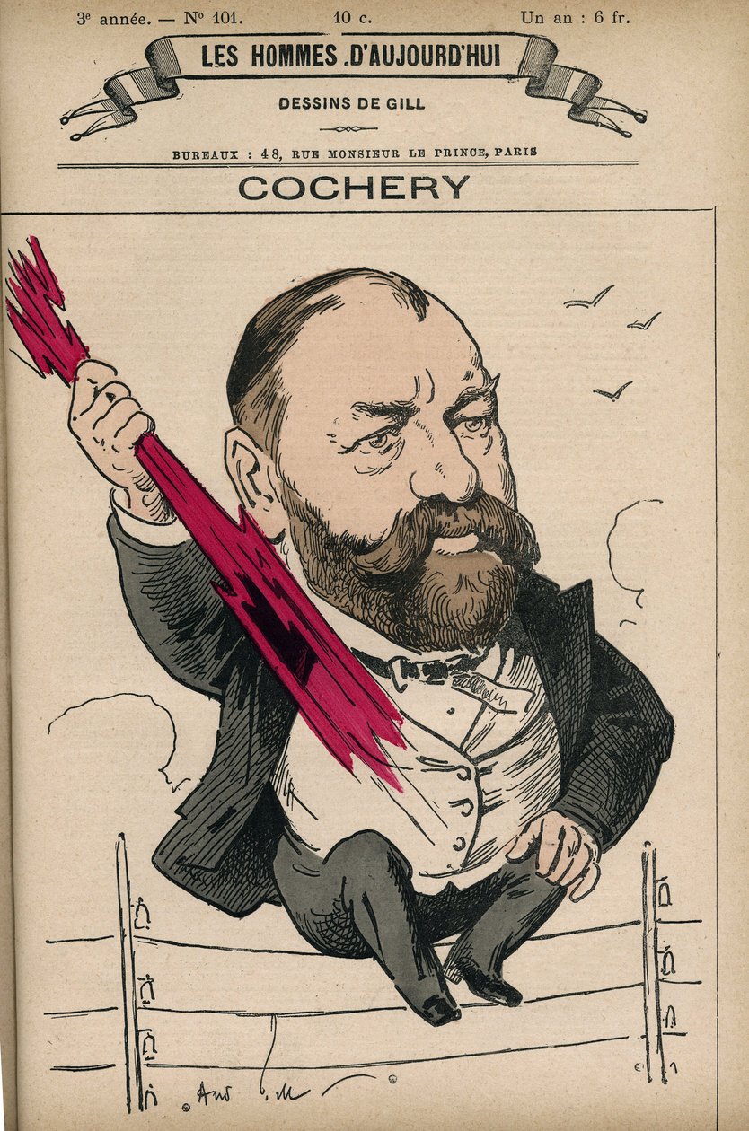 Adolphe Cochery (1819-1900) francia jogász és politikus portréja, ő volt az Ecole Superieure de Telegraphie (a jelenlegi Ecole Nationale Superieure des Telecommunications) alapítója. Gill, Párizs rajzfilmje. alkotó: Andre Gill