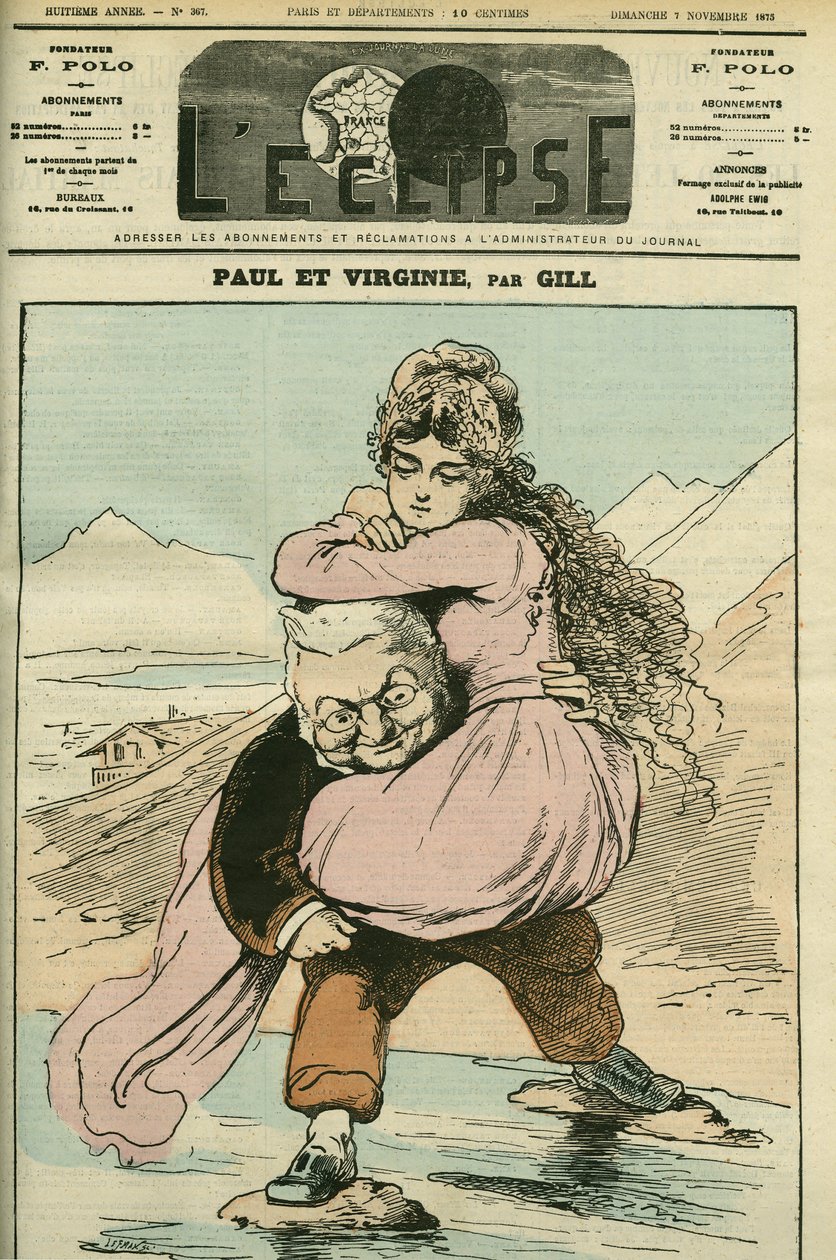 Adolphe Thiers (1797-1877) francia történész és politikus portréja, akit a „Paul et Virginie” (Köztársaság) képvisel. Borító a Gill „” L