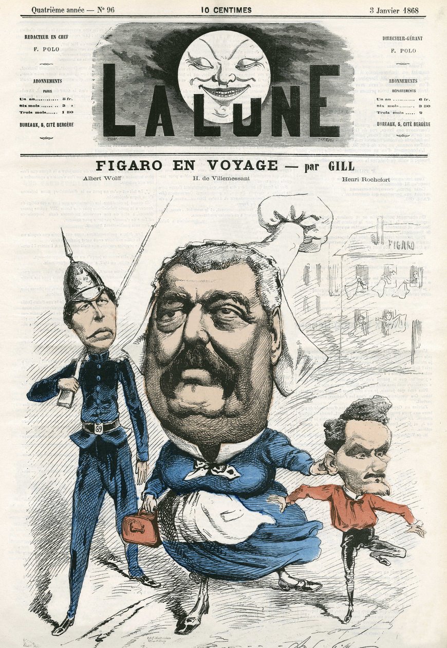 Albert Wolff, Hippolyte de Villemessant (1812-1879) és Henri Rochefort (1831-1913), a Figaro újságírói portréja. Gill rajzfilmje a „The Moon” című filmben, január 3 alkotó: Andre Gill