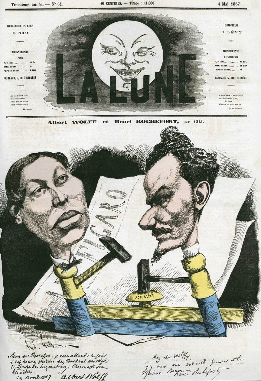 Albert Wolff és Henri Rochefort (1831-1913) francia újságíró és politikus portréja. Gill rajzfilmje a „The Moon” című filmben, május 4 alkotó: Andre Gill