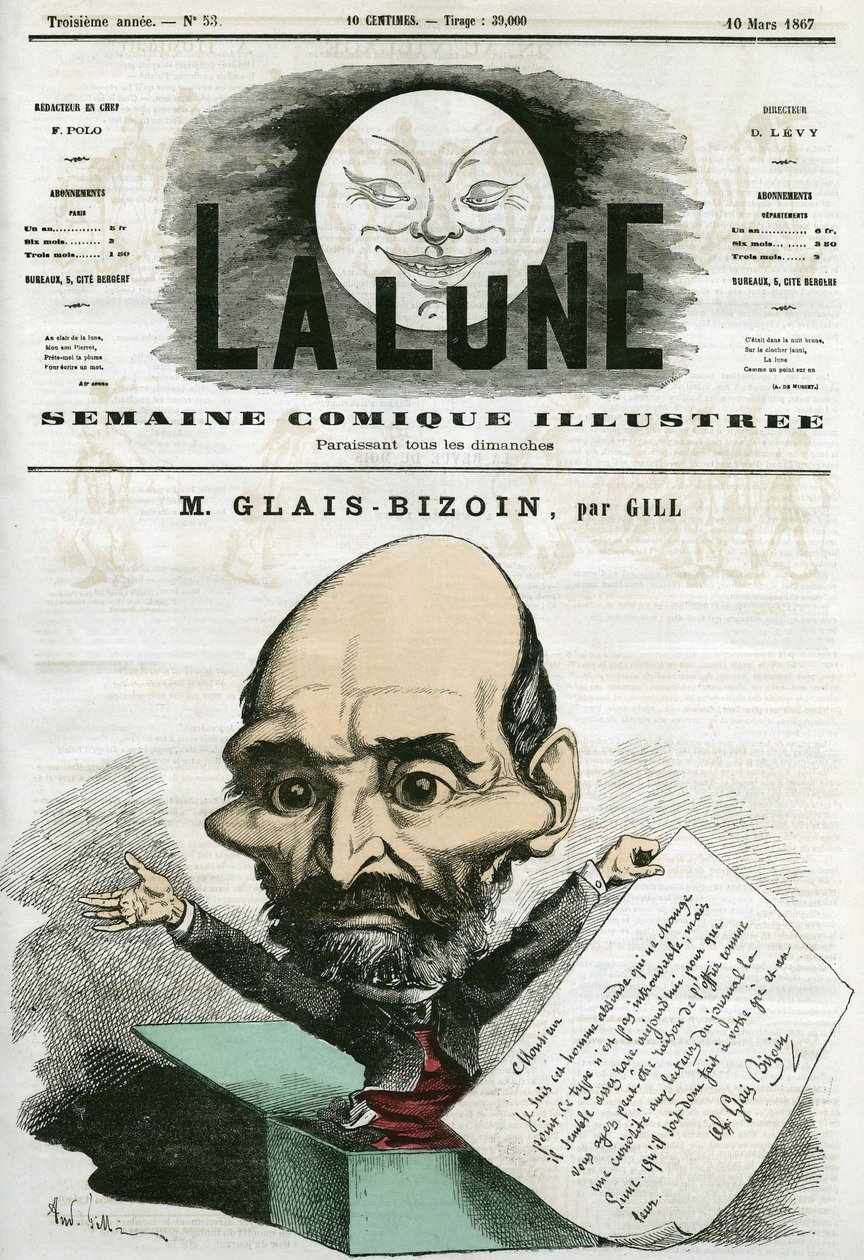 Alexandre Glais-Bizoin (1800-1877), francia politikus és a „La Tribune” újság alapítója portréja. Gill rajzfilmje a „La Lune”-ban, március 10 alkotó: Andre Gill