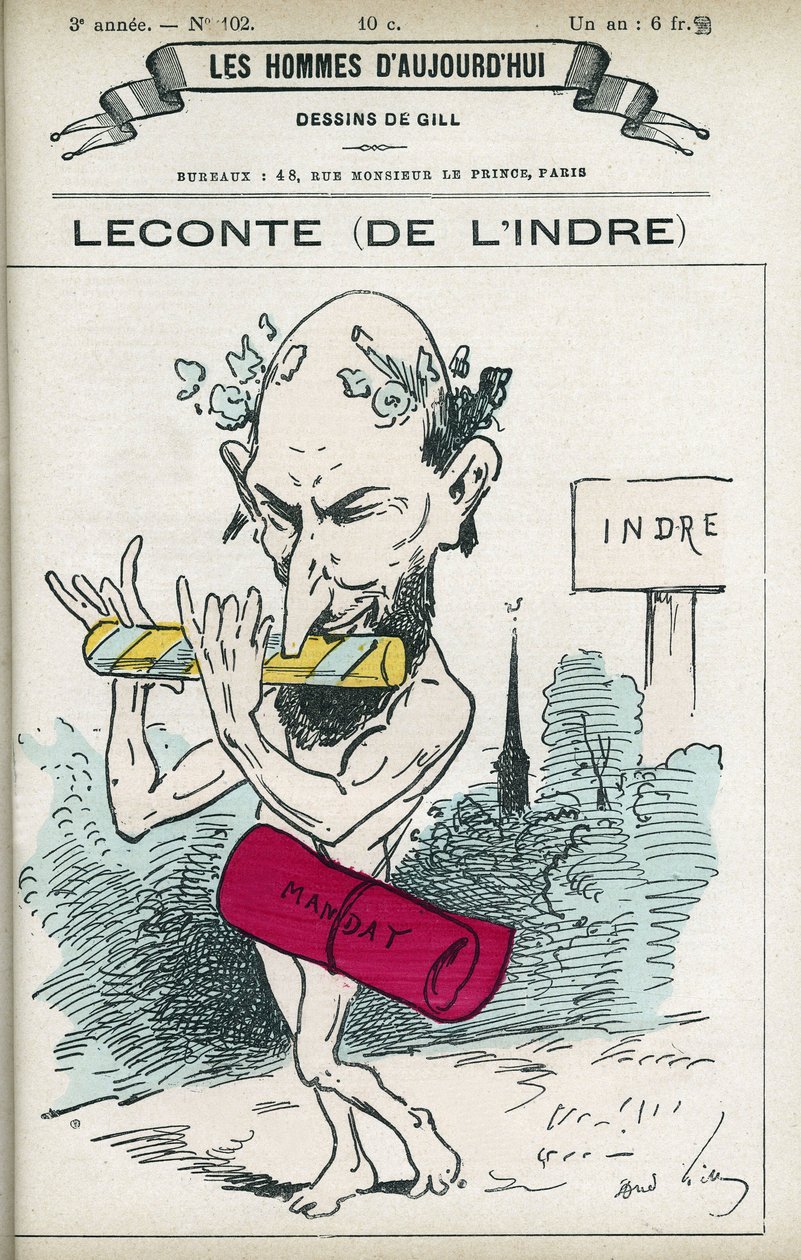 Alfred Leconte (1824-1898) francia gyógyszerész, költő, dalszerző és politikus portréja, 1876 és 1898 között az Indre helyettese volt. Gill rajzfilm, Párizs. alkotó: Andre Gill