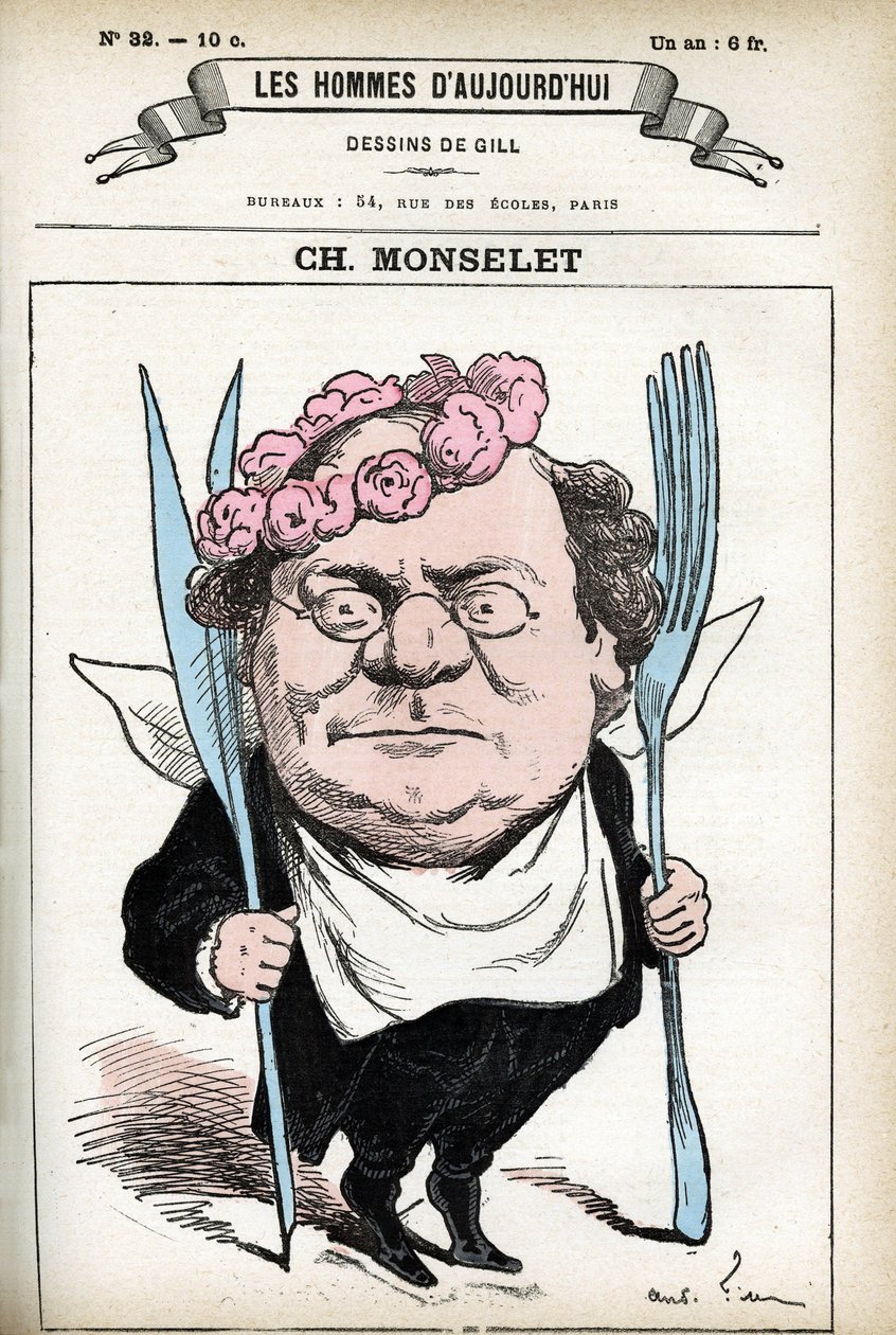 Charles Monselet (1825-1888) francia költő, újságíró, regényíró és gasztronómus portréja. Gill rajzfilmje a „Les Homme d