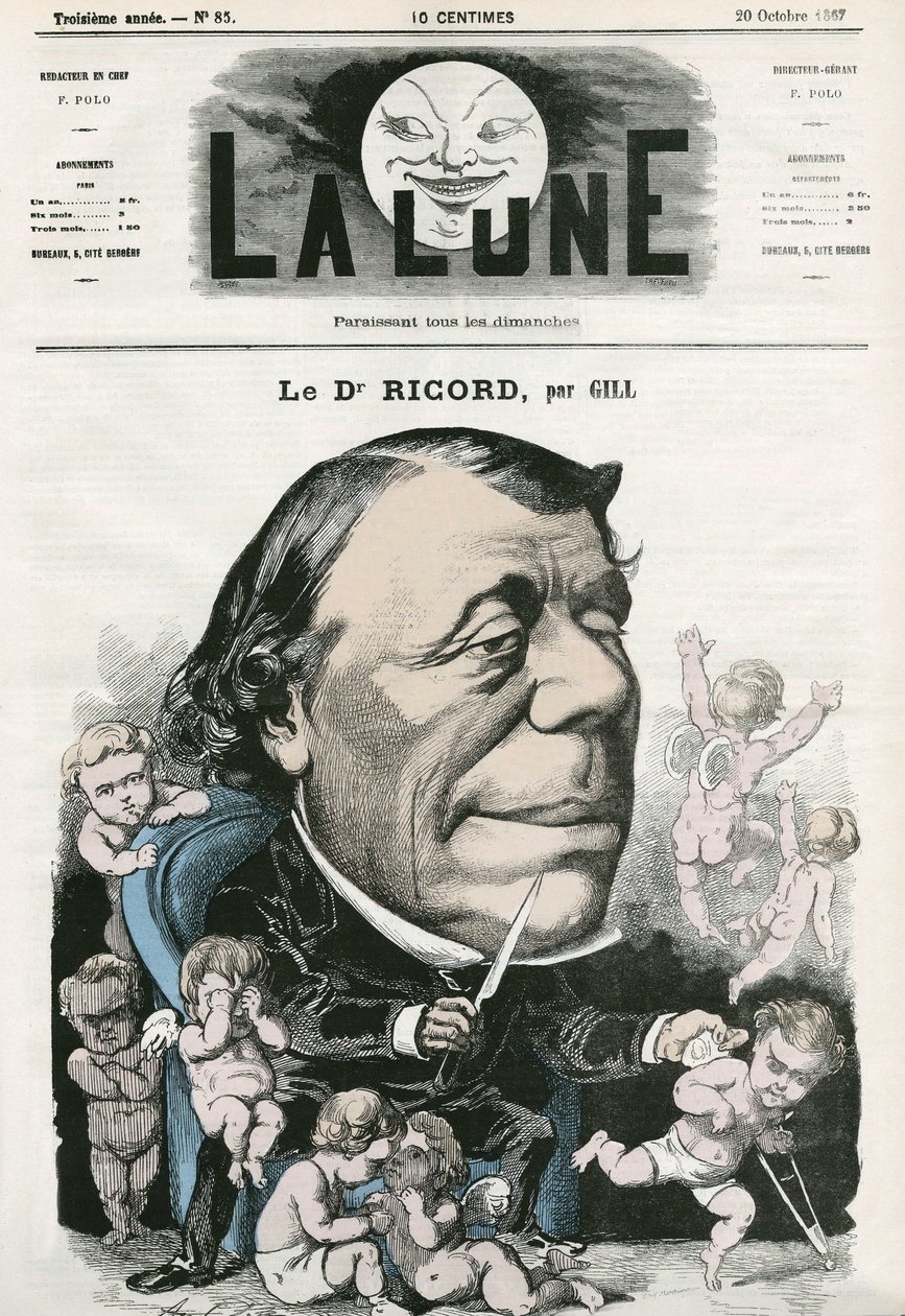 Doktor Ricord francia orvos portréja. Gill rajzfilmje a „La Lune”-ban, október 20 alkotó: Andre Gill