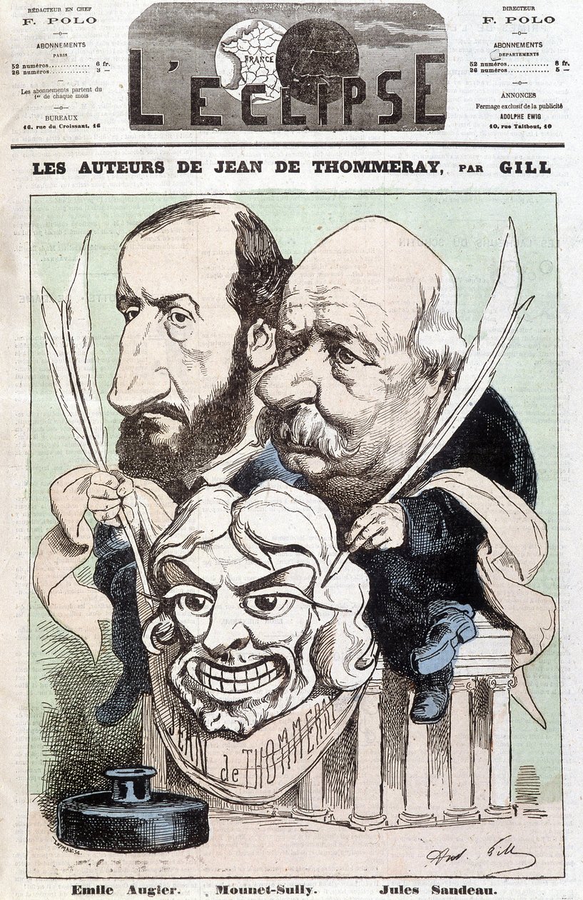A Jean de Pommeray című darab szerzői, Emile AUGIER (1820-1889) és Jules SANDEAU (1811-1883) portréja, kezében Mounet-Sully komikus (Jean Sully Mounet, Mounet Sully) arcát ábrázoló maszk. alkotó: Andre Gill