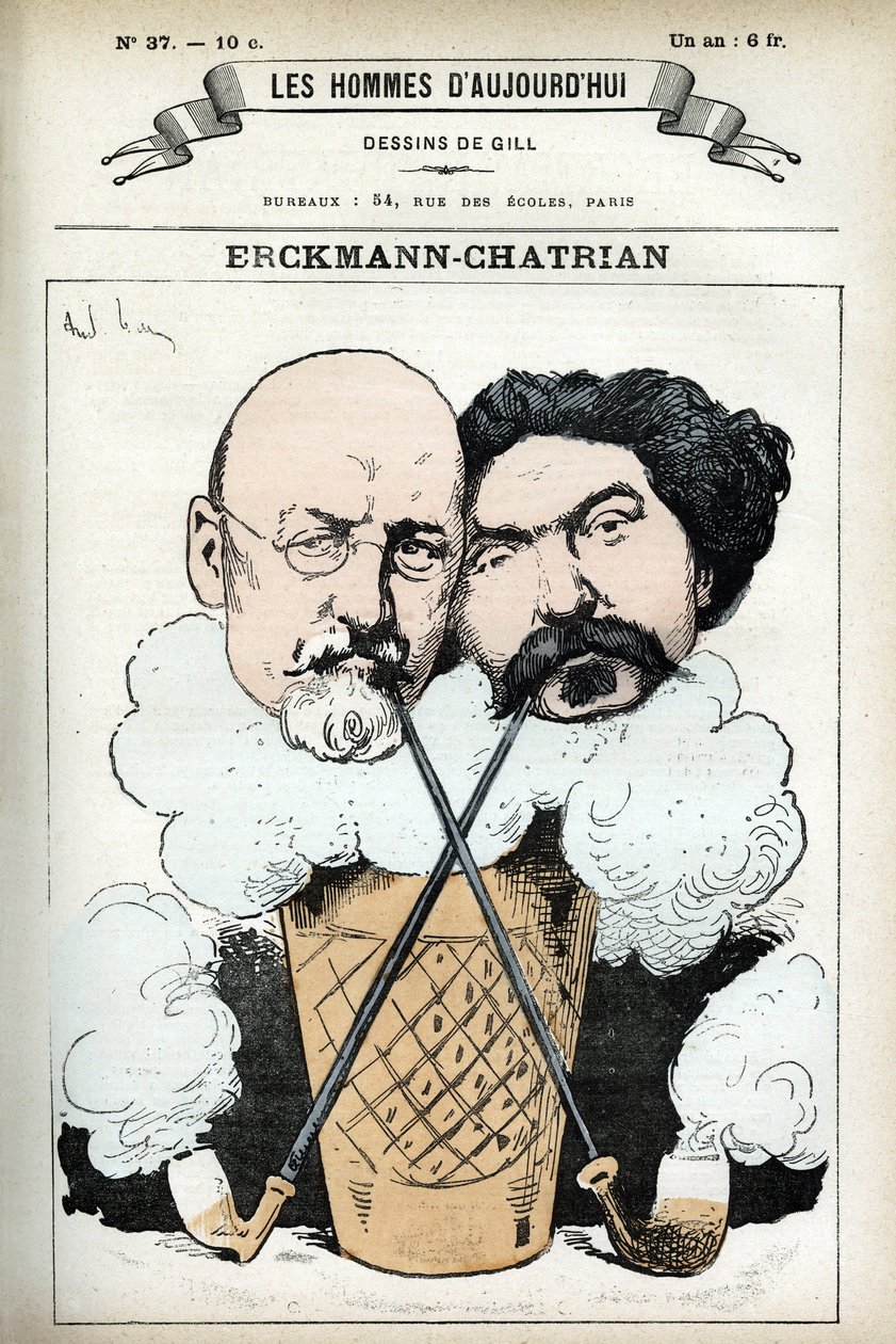 Emile Erckmann (1822-1899) és Alexandre Chatrian (1826-1890) francia regényíró portréja. Gill rajzfilmje a „Les Homme d
