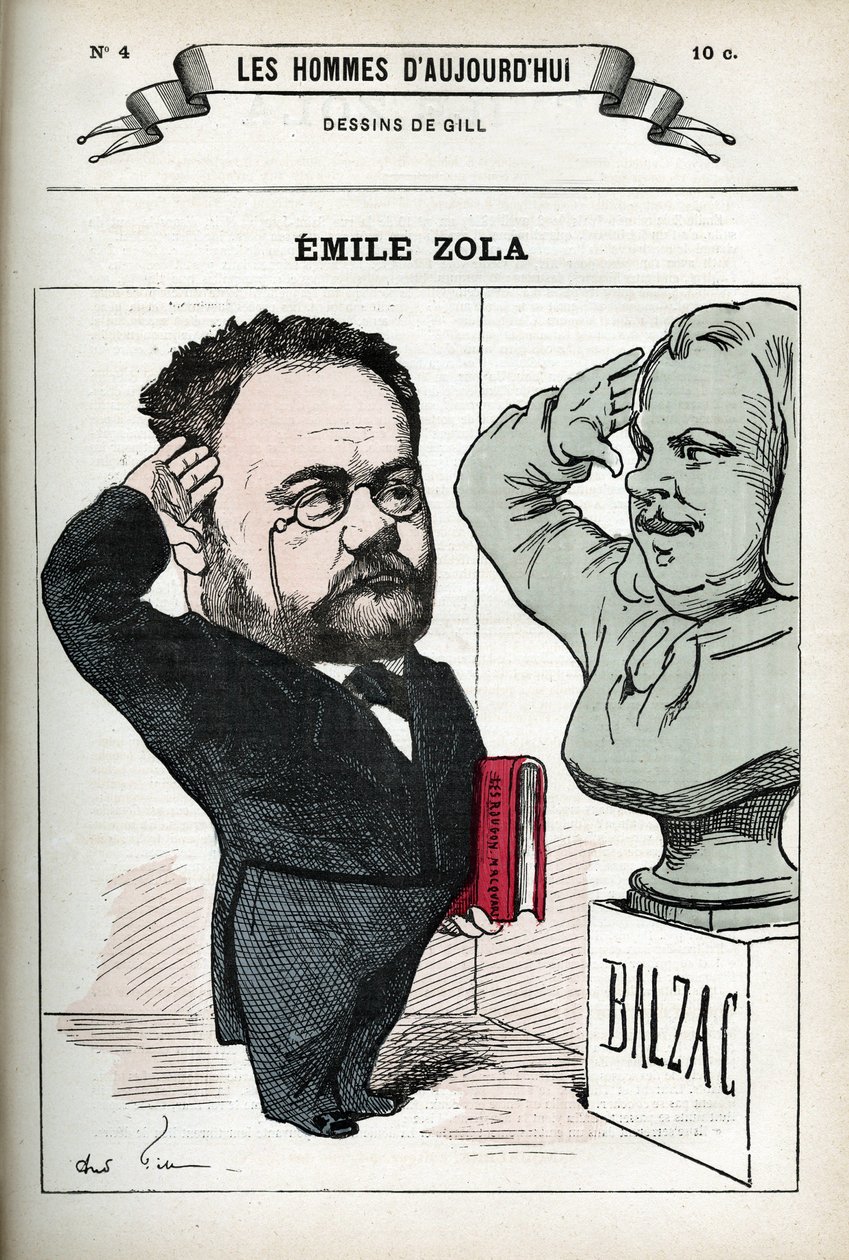 Emile Zola (1840-1902) francia levélember portréja. Gill karikatúrája, Párizs. alkotó: Andre Gill