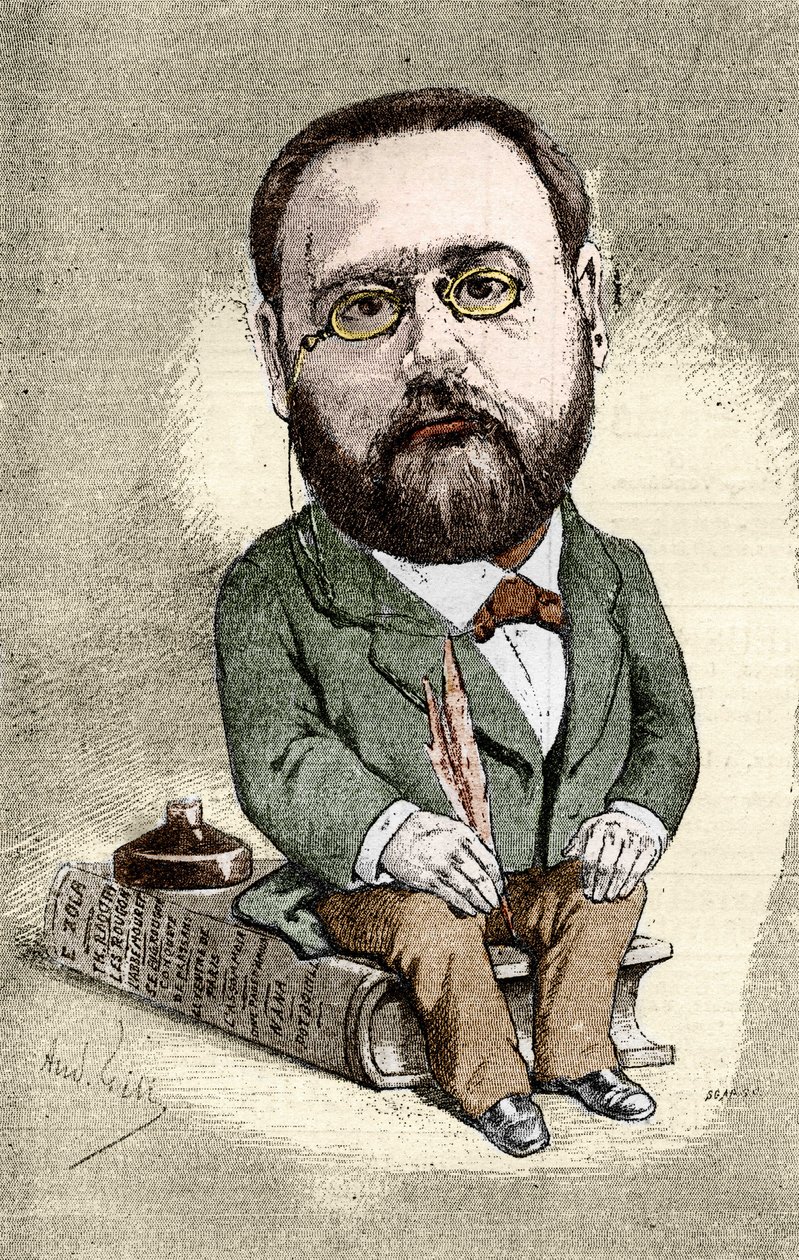 Emile Zola (1840-1902) francia író portréja. Andre Gill rajzfilmje az Illustrious World számára. alkotó: Andre Gill