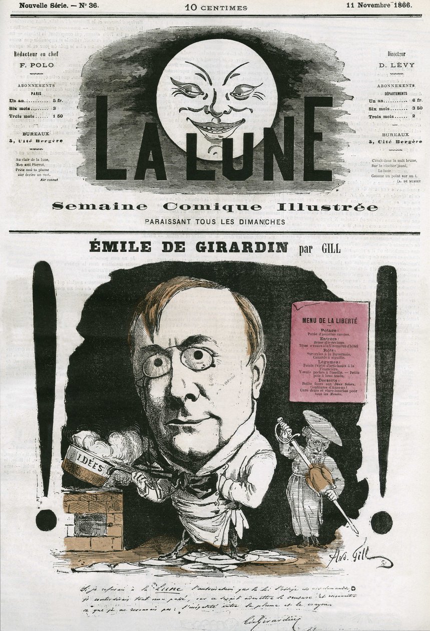 Emile de Girardin (1806-1881) francia újságíró portréja. Gill rajzfilmje a „The Moon” című filmben, november 11 alkotó: Andre Gill