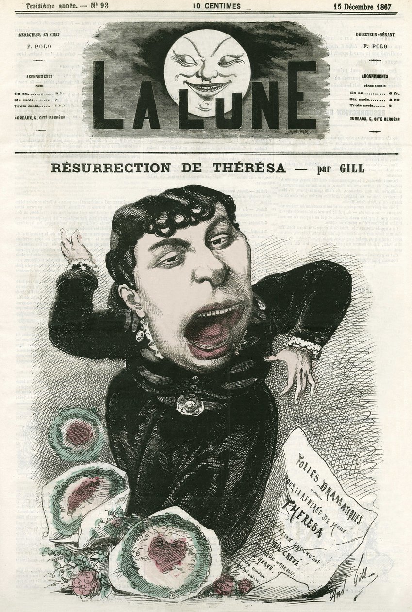 Emma Valladon dit Theresa (1837-1913) francia operetténekesnő portréja. Gill rajzfilmje a „La Lune”-ban, december 15 alkotó: Andre Gill