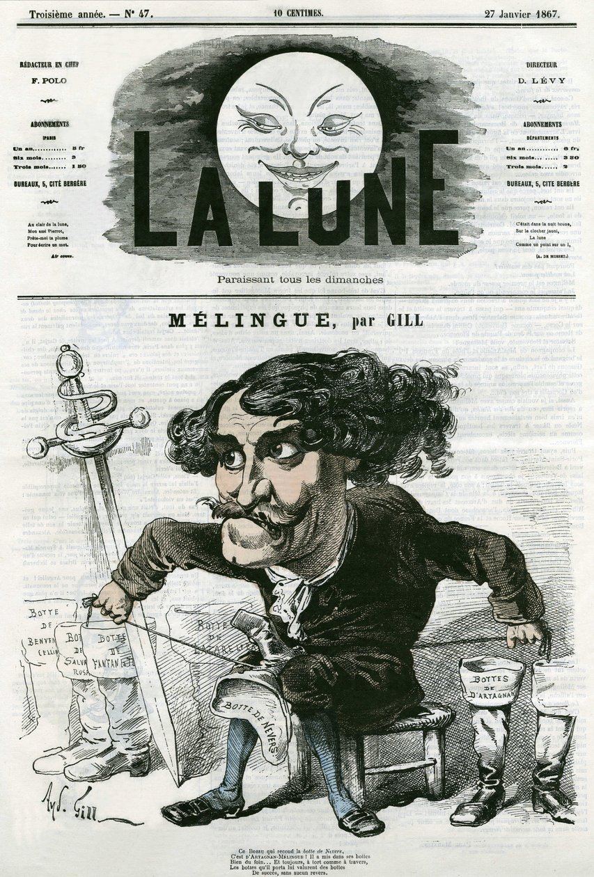 Etienne Marin Melingue (1808-1875) francia színész és szobrász portréja. Gill rajzfilmje a „La Lune”-ban, január 27 alkotó: Andre Gill