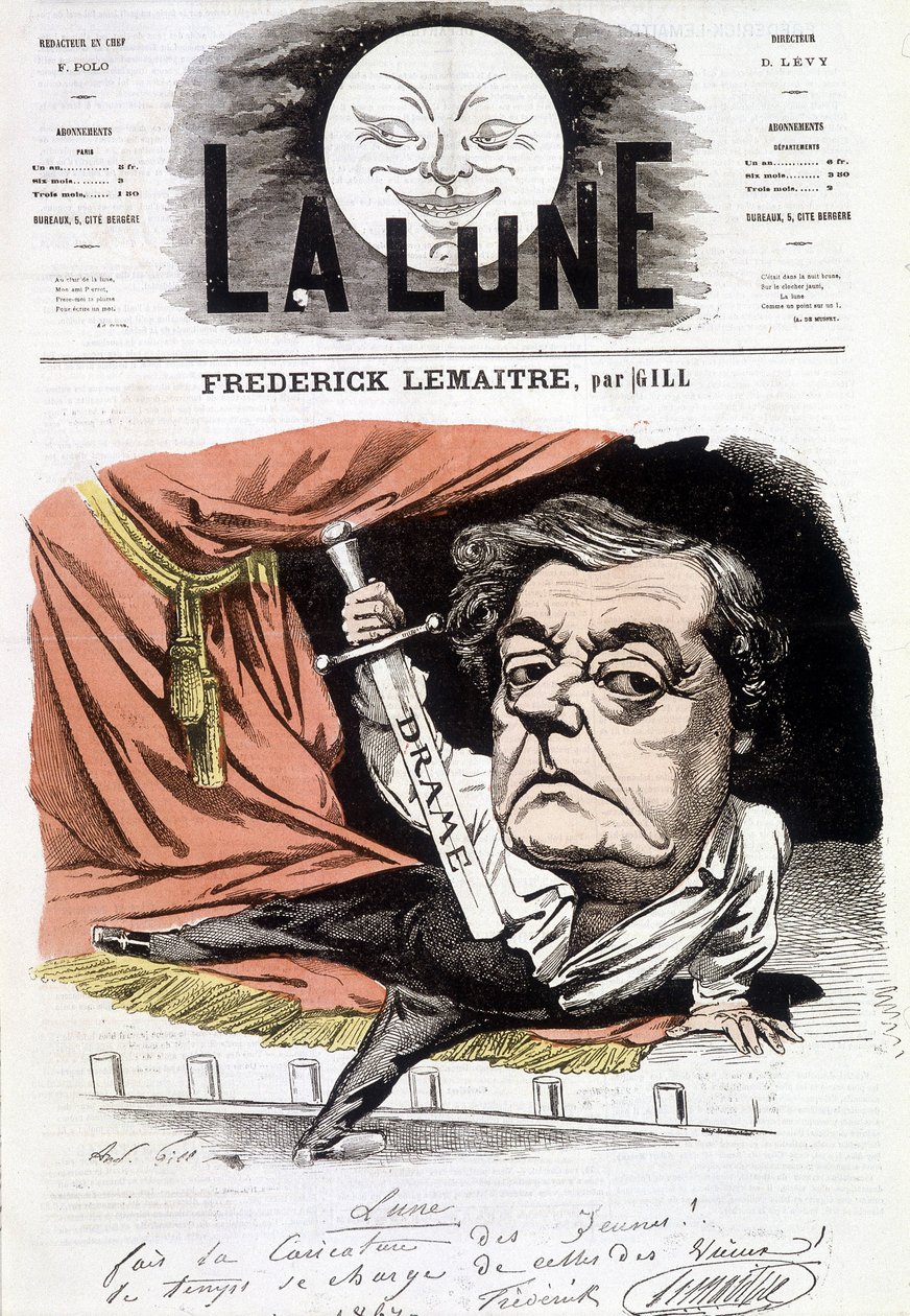 Frédérick Lemaître (1800-1876) francia drámaíró portréja. Gill rajzfilmje a „The Moon”-ban, június 16 alkotó: Andre Gill