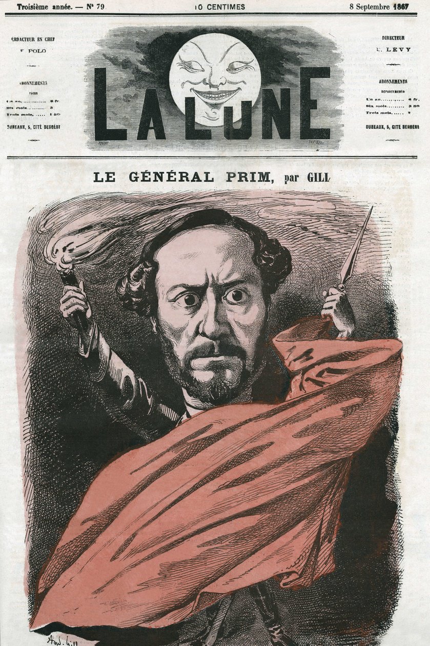 Juan Prim tábornok (1814-1870), spanyol katona és politikus portréja. Gill rajzfilmje a „The Moon” című filmben, szeptember 8 alkotó: Andre Gill