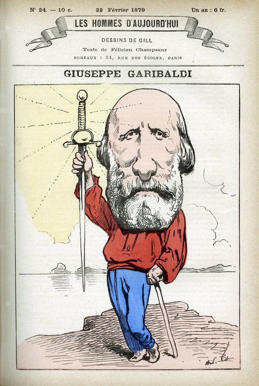 Giuseppe Garibaldi (1807-1882) olasz politikus portréja. Gill rajzfilmje a „Les Homme Today”, Párizsban alkotó: Andre Gill