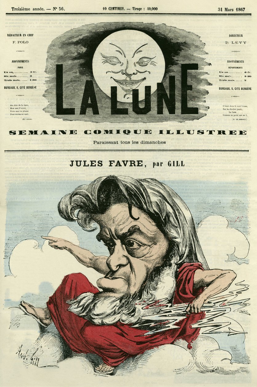 Jules Favre (1809-1880) francia jogász és politikus portréja. Gill rajzfilmje a „The Moon” című filmben, március 31 alkotó: Andre Gill