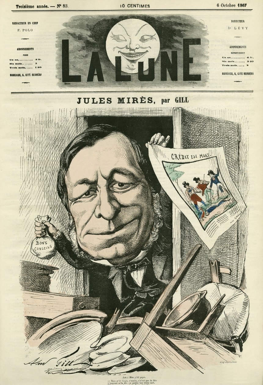 Jules Mires (1809-1871) francia iparművész portréja. Gill rajzfilmje a „The Moon” című filmben, október 6 alkotó: Andre Gill