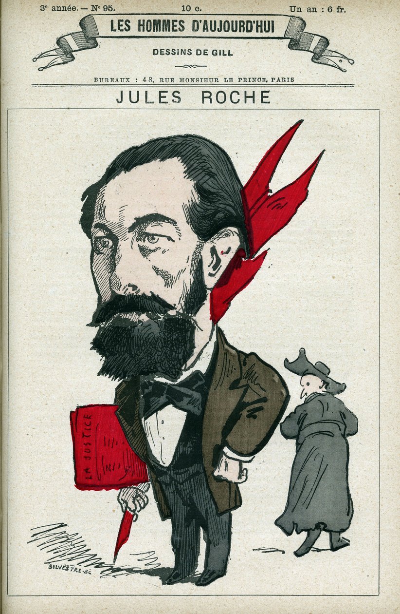 Jules Roche (1841-1923) francia politikus portréja, 1890-től 1892-ig kereskedelmi és ipari miniszter volt. Karikatúra, Gill, Párizs. alkotó: Andre Gill