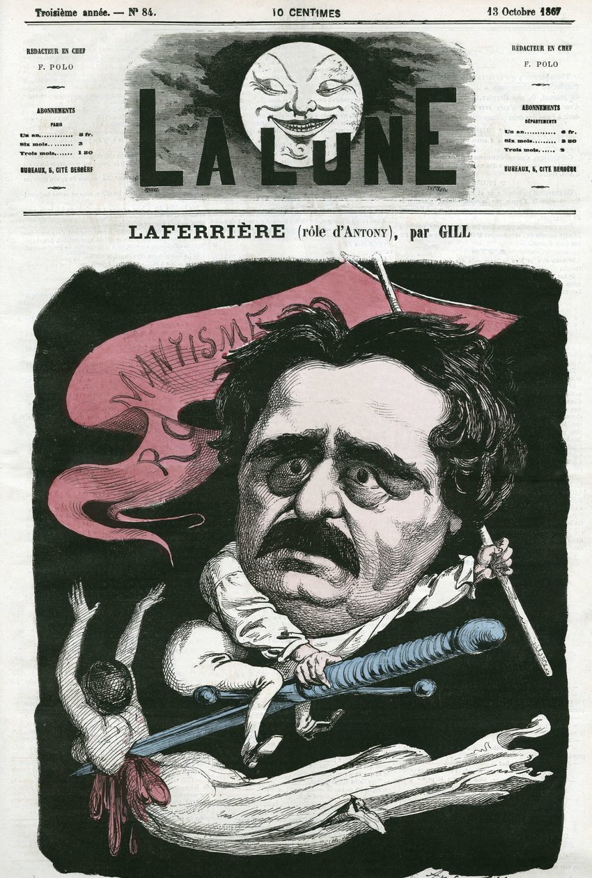 Laferriere (1853-?) portréja, francia színész „Antony” szerepében. Gill rajzfilmje a „The Moon” című filmben, október 13 alkotó: Andre Gill