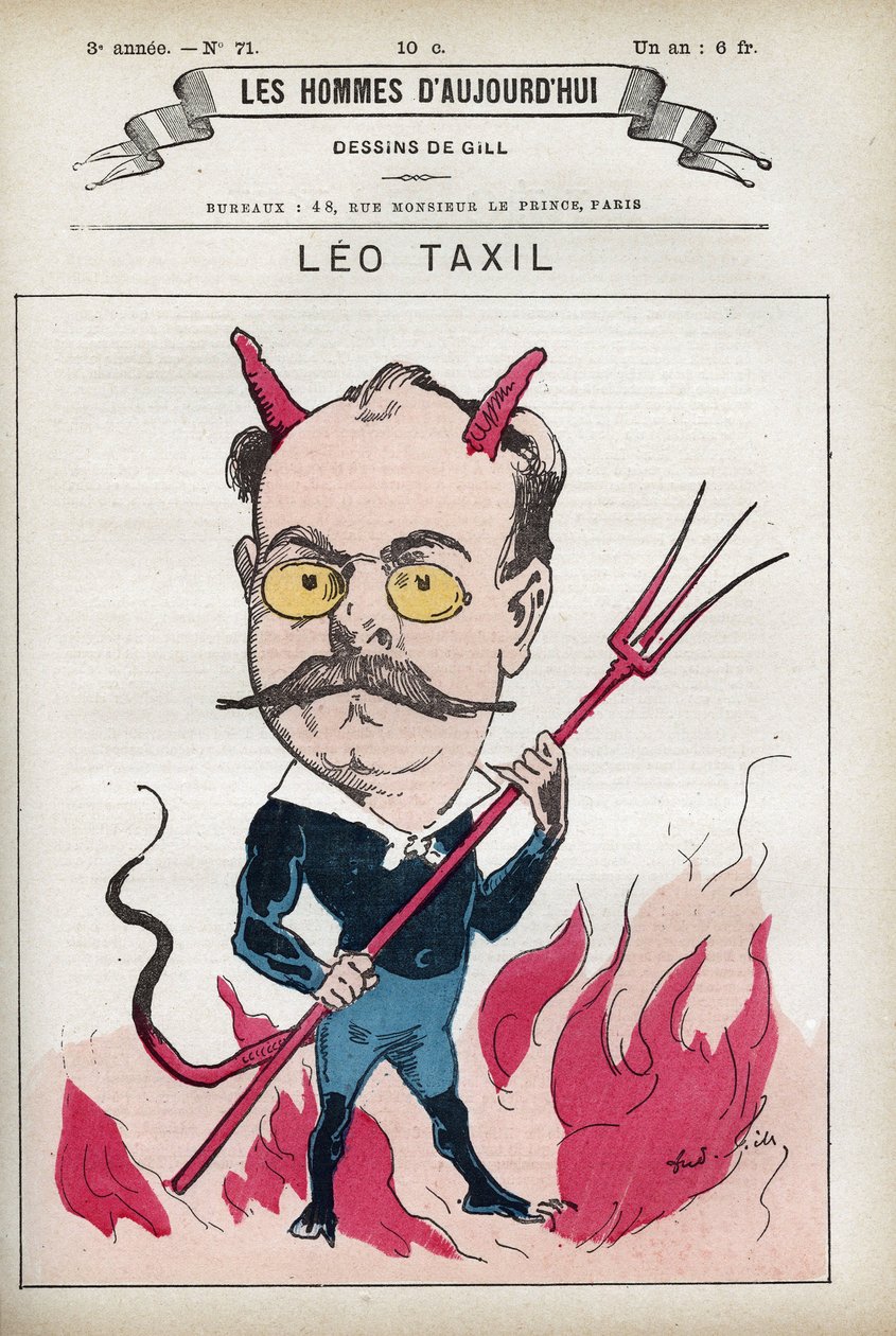 Leo Taxil (1854-1907) portréja, francia író és egy híres álhír írója, amely a pápát és a francia előképeket feszegeti. Gill, Párizs rajzfilmje. alkotó: Andre Gill
