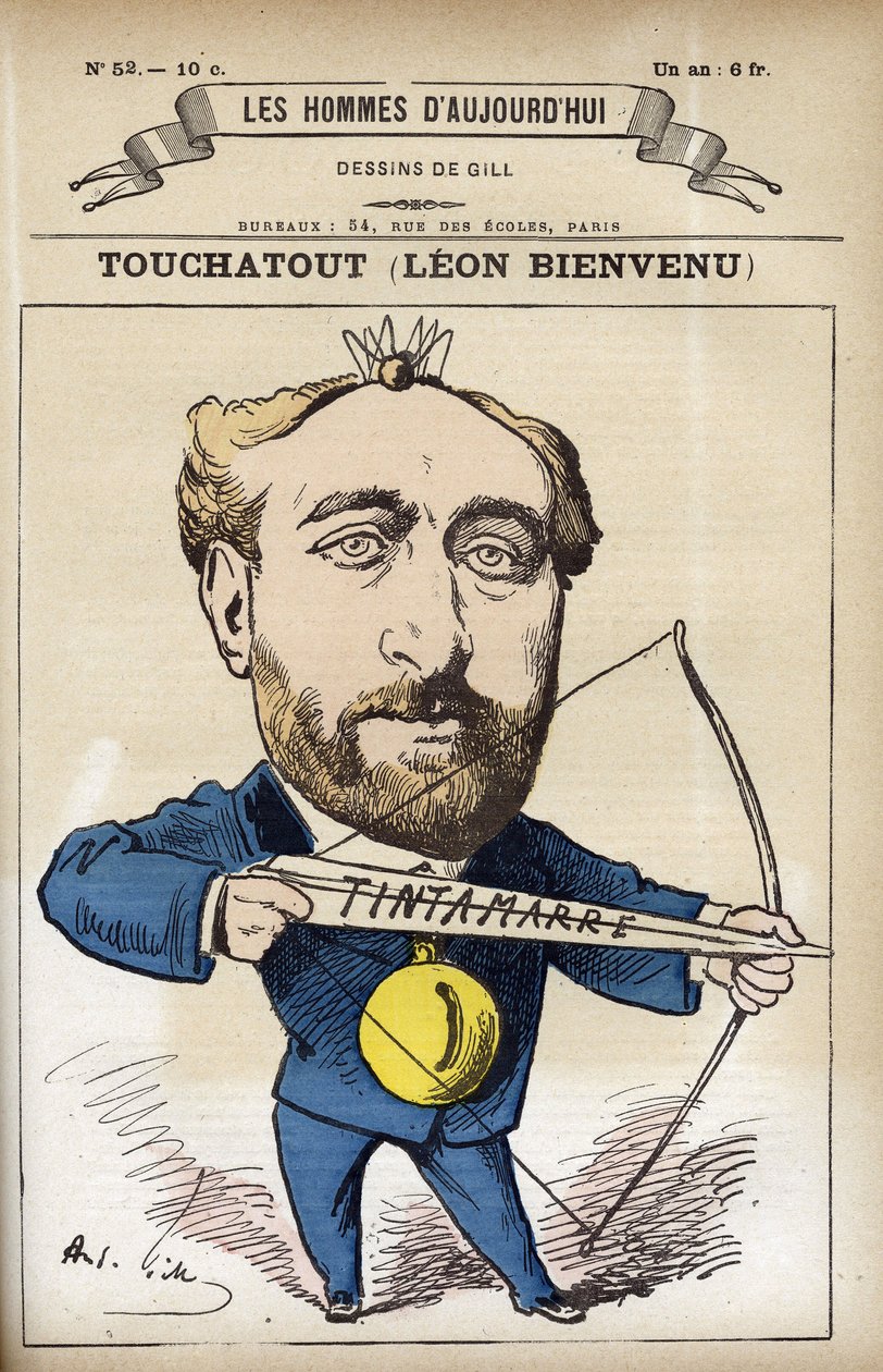 Leon Bienvenu dit Touchatout (1835-1911), francia újságíró és a „L’Histoire de France Tintamarresque” szerzője portréja. Gill, Párizs rajzfilmje. alkotó: Andre Gill